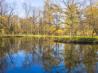 Spring landscape of the parks of St. Petersburg. Landmark of the city.