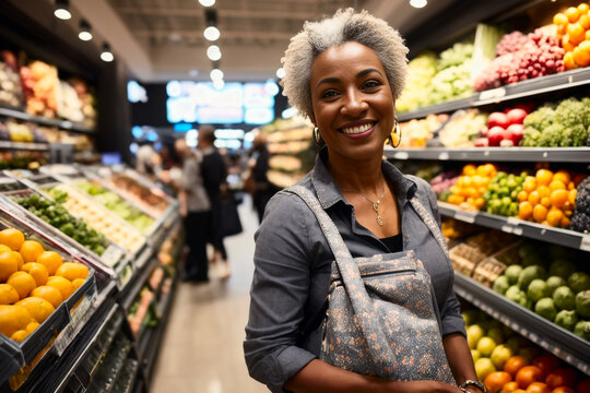 Portrait of happy smiling confident mature woman buyer enjoys shopping time at vegetables counter in a grocery supermarket. Generative AI