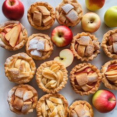 Mini apple pies and apples on white marble