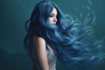 Long blue hair. Beautiful woman. Beautiful illustration picture. Generative AI