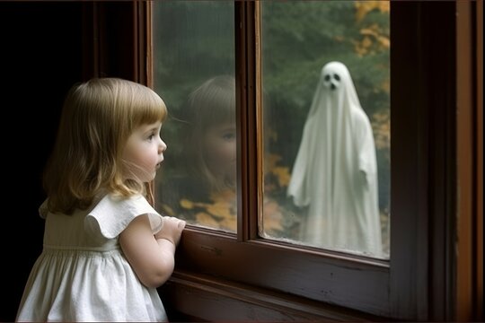Little girl is looking through the window. Ghost is outdoors. Beautiful illustration picture. Generative AI