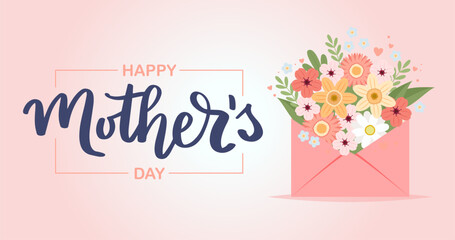 Happy mother s day card. Envelope with flowers and hand drawn lettering. Greeting card template, cute vector illustration