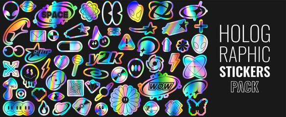 Set of holographic retro futuristic stickers. Vector illustration with iridescent foil adhesive film with symbols and objects in y2k style. Holographic futuristic labels.