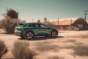 An electric car with low battery charges at a green leaf-covered station in a desert windmill area. Generative AI