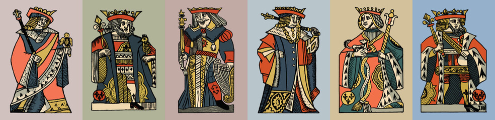 Vector set of medieval illustrations with the image of the king and the queen