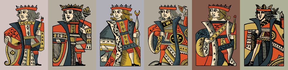 Medieval king. Set of vector illustrations in cartoon style. Collection of vintage banners.