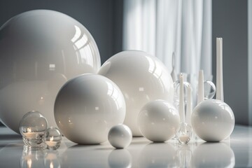 Reflected spheres of various sizes in a white studio. Generative AI