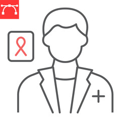 Oncologist line icon, oncology and AIDS, doctor with caner ribbon vector icon, vector graphics, editable stroke outline sign, eps 10.