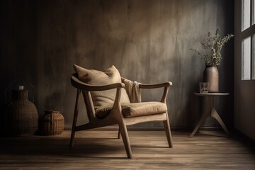 Wabi sabi armchair in minimal room. 3D illustrated. Generative AI