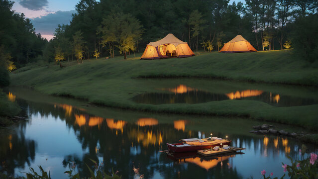 tent, lake camping, glamping. luxury glamorous camping, evening, sun down, water reflection, outdoor, outside, landscape, wide angle shot, dark ,
