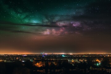 Fototapeta na wymiar Aurora CO cityscape at night with colorful sky. Generative AI