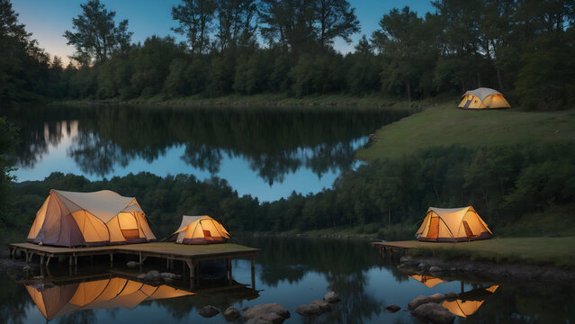 tent, lake camping, glamping. luxury glamorous camping, evening, sun down, water reflection, outdoor, outside, landscape, wide angle shot, dark ,