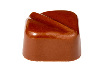 Praline chocolate. Chocolate with truffles or praline filling isolated on white background. Close up