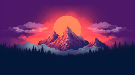 Flat art mountain landscape. Vibrant color background
