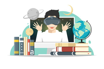 Online education concept, Man wearing VR glasses with planet over computer, world map, book on isolated background, Digital marketing illustration.