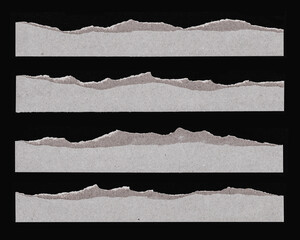 Set of High Quality Torn Ripped Peeled Paper Cardboard Edges Pieces Isolated on Black. Rough Grunge Elements for Collage and Mixed Media.