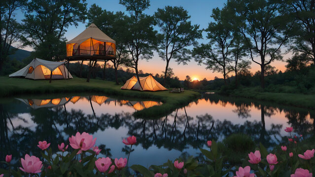 tent, lake camping, glamping. luxury glamorous camping, evening, sun down, water reflection, outdoor, outside, landscape, wide angle shot, dark ,
