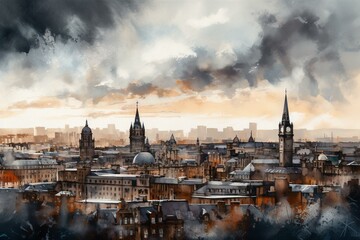 A watercolor painting of Glasgow's skyline. Generative AI