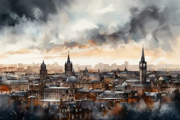 Fotobehang Aquarelschilderij wolkenkrabber A watercolor painting of Glasgow's skyline. Generative AI