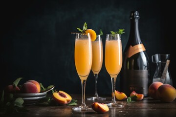 Indulge in peach Bellini or mimosa cocktails for weekend brunch. Generative AI
