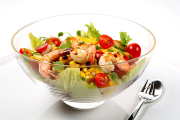 A glass bowl with green salad topped with iceberg lettuce and shrimp on white background. Generative AI.