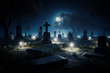 Fototapeta na wymiar Graveyard with tombstones at night, Halloween background, Generative AI