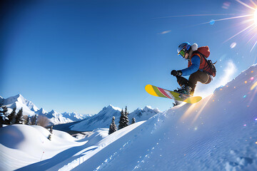 Skier, snowboarder in mountains. Winter snow sports concept.