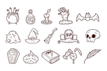 Set of halloween element hand-drawn outline sketch illustration