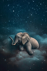 a baby elephant sleeping on a cloud with a starry sky. Generative AI	