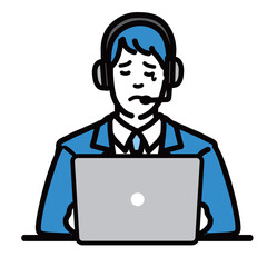 ラップトップの前に座って涙を流して悲しんでいるオペレーターの若い男性
