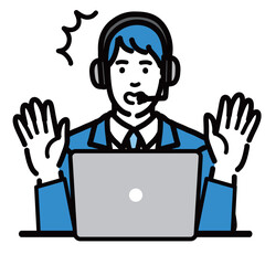 ラップトップの前に座って両手を上げて驚いているオペレーターの若い男性
