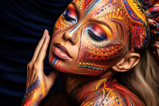 Body Paint, Captivating woman adorned in vibrant body paint, transforming her into a living canvas, showcasing a mesmerizing fusion of colors and artistry. Generative AI