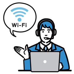 ラップトップの前に座ってWi-Fiの説明をしているオペレーターの若い男性
