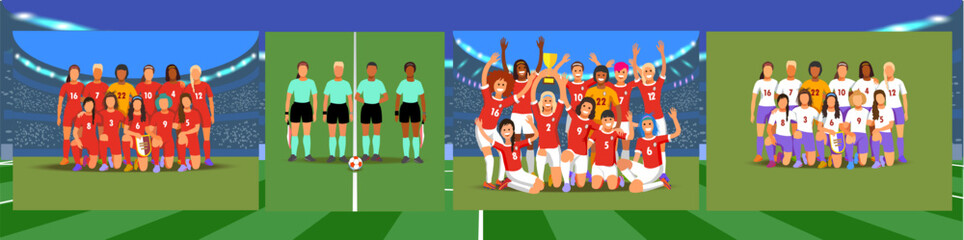 Big vector set of women's soccer teams and women's referee team.