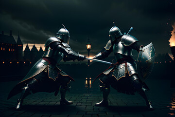 Naklejka premium Medieval knights in battle, illustration