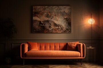 Couch, lamp, and artwork in orange tones. Generative AI
