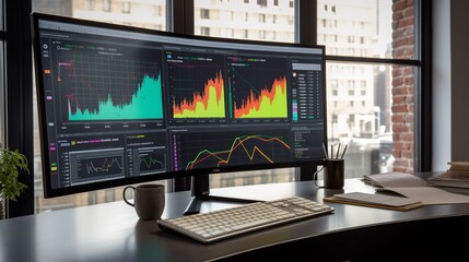 Corporate dashboard computer office. Marketing technology. Stock market investment. Business technology. Corporative data banner. Infographic statistics graph. Business strategy.