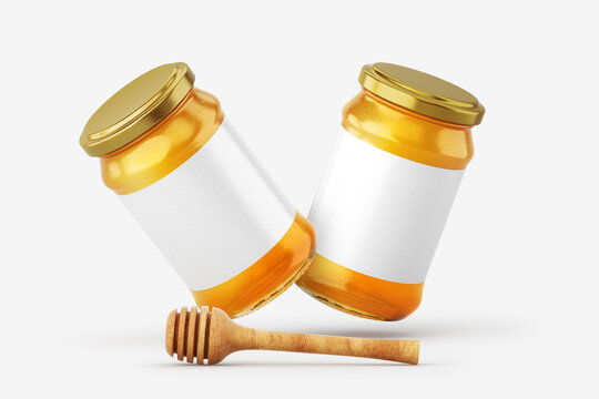 Glass jar of honey with blank label over white background. Mock up. 3D illustration, 3D rendering.