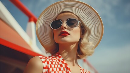 Young fashion woman with red lipps wearing 60s retro style clothes. Generative AI.
