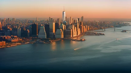 Fototapeten A vibrant New York City skyline during the golden hour. The panoramic view features modern skyscrapers reflecting blue, orange, and yellow hues on the water, Created with generative Ai Technology. © Roberto