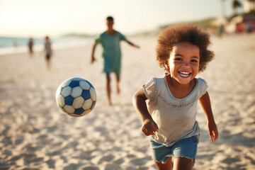 Summer mixed race black girl playing soccer on the beach summer time