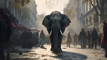 The elephant in the city walking. Generative AI