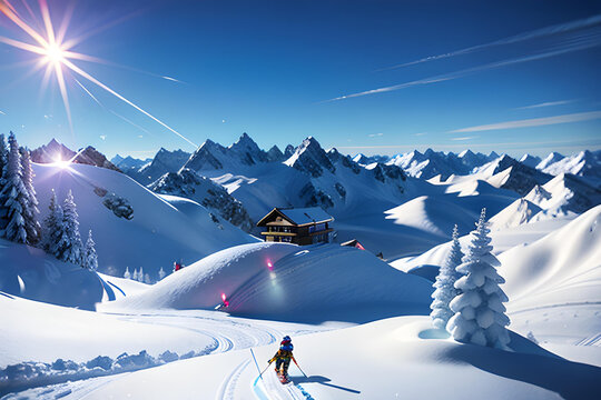 Skier, snowboarder in mountains. Winter snow sports concept.