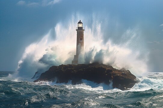 Faro Con La Luz Encendida Salicado Por Una Ola Grande En El Mar