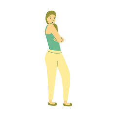 Young smiling girl standing sideways with her arms crossed over her chest. Confident woman, successful employee, team worker. Colorful vector isolated illustration hand drawn