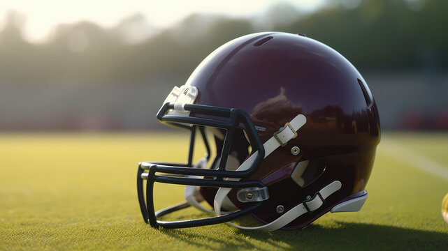 Closeup photo of football rugby helmets on grass. Generative ai