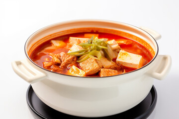 Kimchi jjigae: Kimchi stew with pork and tofu, generative AI tasty Korean food on white