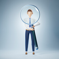 Fototapeta na wymiar 3d illustration of young cartoon man holding big magnifying glass