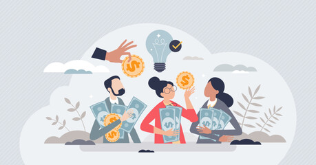 Crowdfunding as money raising for business project tiny person concept. Financial support for new startup company with innovative idea vector illustration. Collective funding platform for campaign.