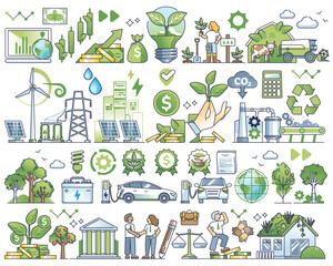 Sustainable investment elements and green ESG ecology outline collection. Social responsible business strategy, recyclable resources and renewable power consumption items group vector illustration. - obrazy, fototapety, plakaty